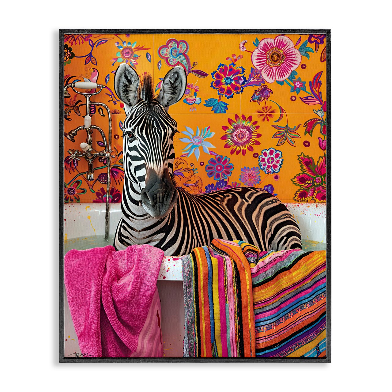 Stupell Industries Zebra Bath with Colorful Towel Framed Giclee, design by Momart